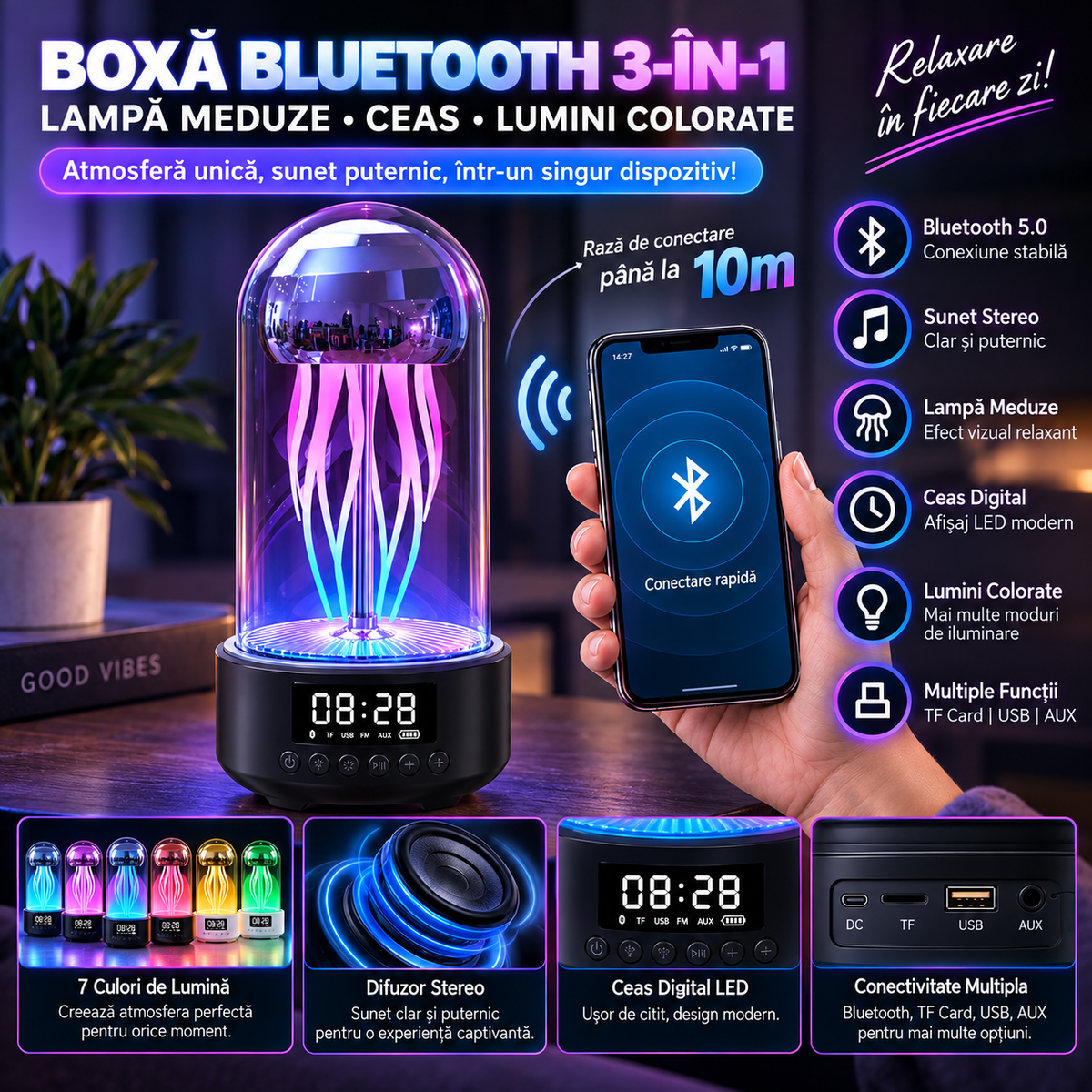 3-in-1 Bluetooth Speaker – Jellyfish Lamp with Clock, Colorful Lights, and Stereo Speaker