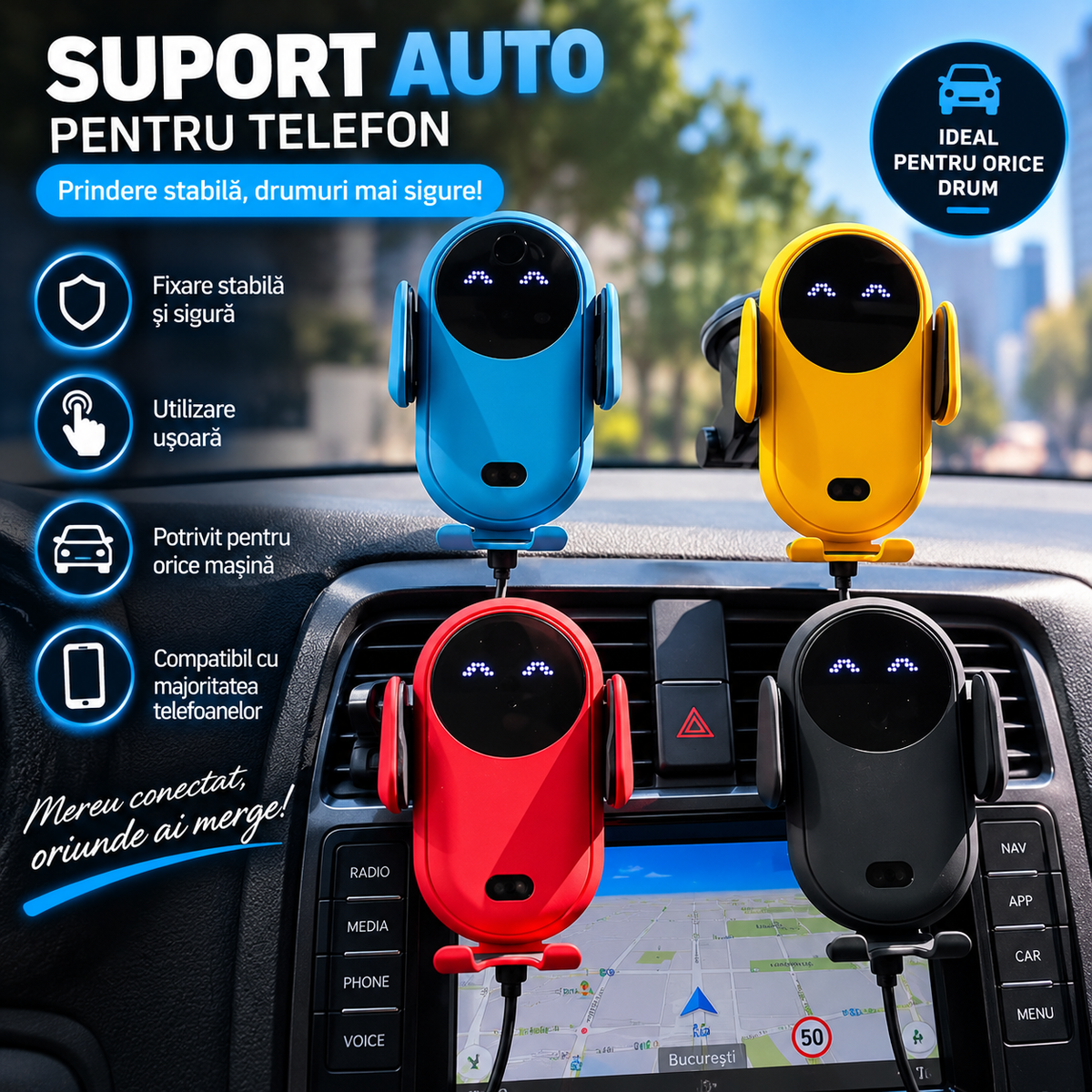 Suport Auto cu Încărcare Wireless prin Inducție 10W – Prindere Automată
