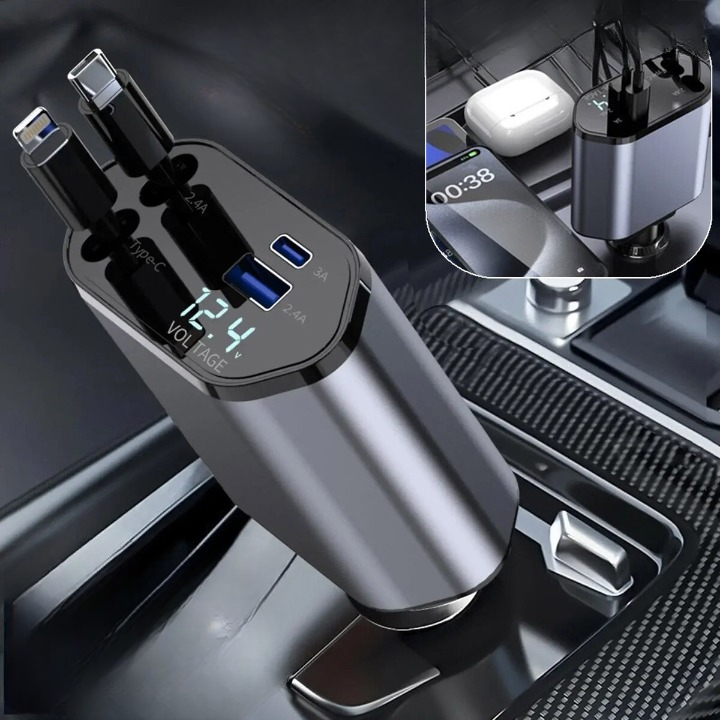 Încărcător Auto Retractabil 4-în-1, 120W cu Cablu USB-C – Încărcare Ultra-Rapidă