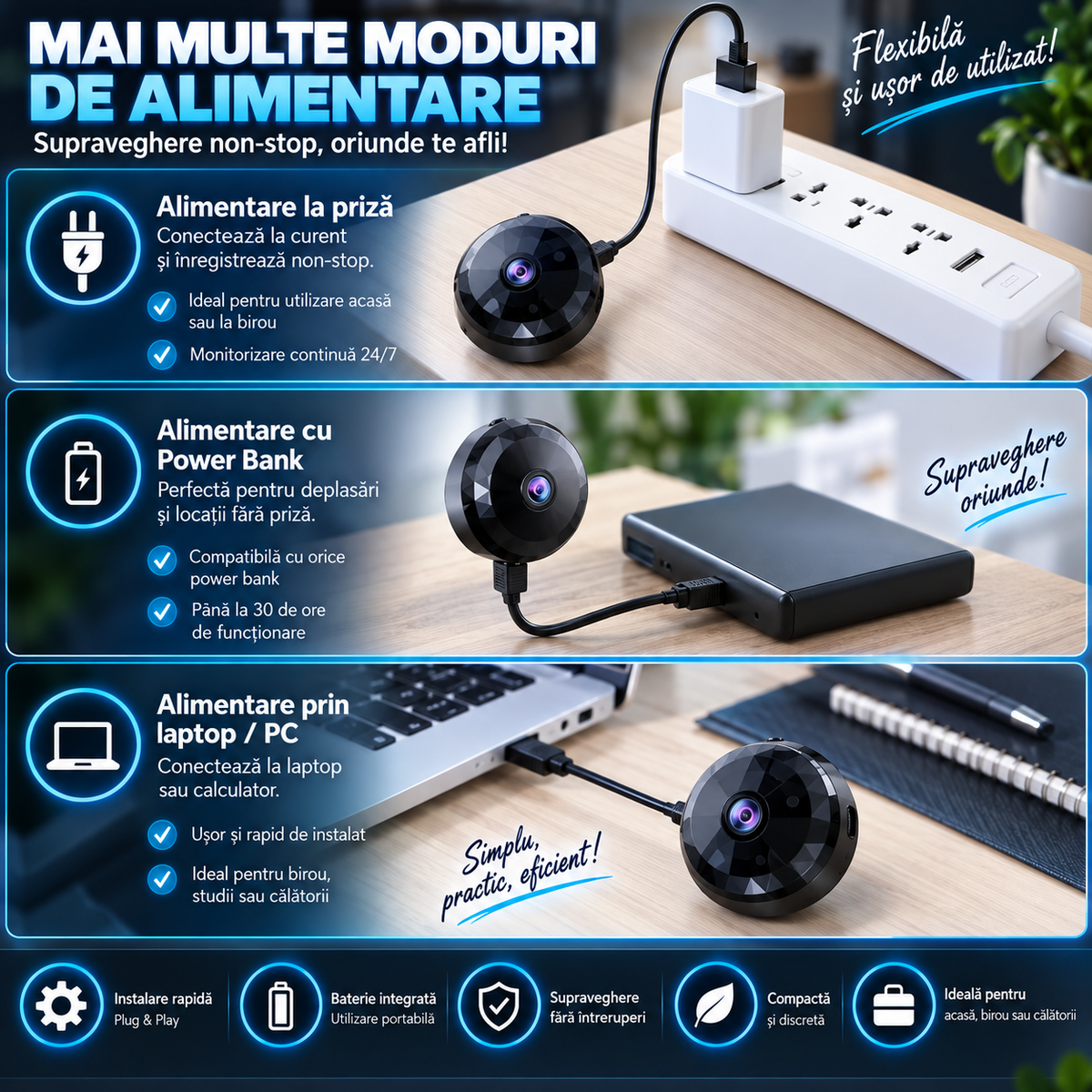 Cameră de Supraveghere WiFi Mini 1080P cu Vedere Nocturnă