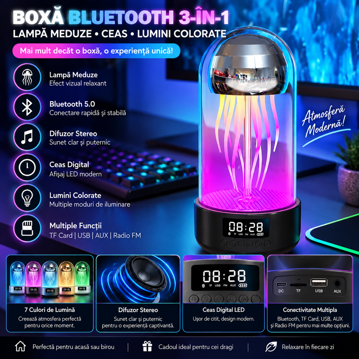 3-in-1 Bluetooth Speaker – Jellyfish Lamp with Clock, Colorful Lights, and Stereo Speaker