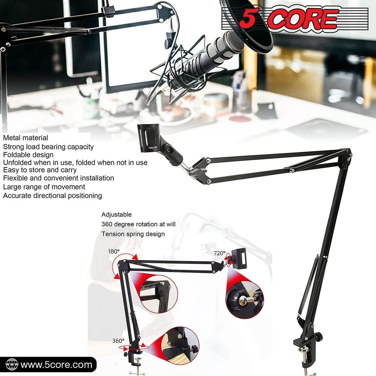 Suport Microfon Boom Arm 5Core – Braț Reglabil pentru Birou, Negru