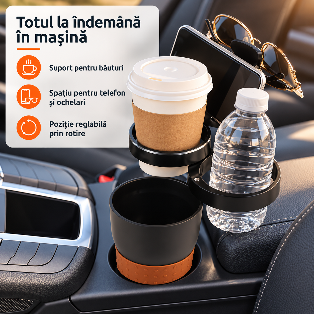 Suport auto pentru pahar și obiecte mici, cu prindere pe ușă