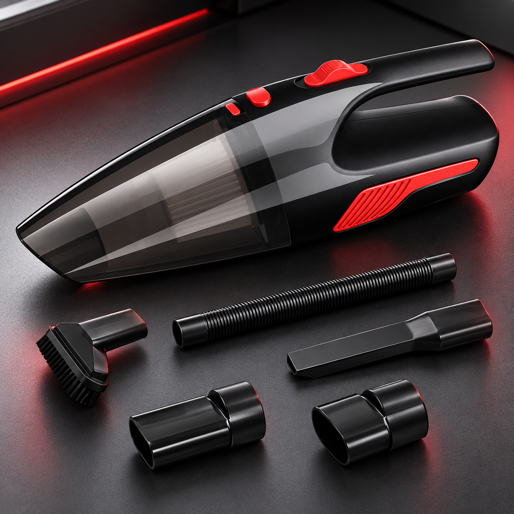 Aspirator auto compact, cu accesorii pentru curățarea interiorului