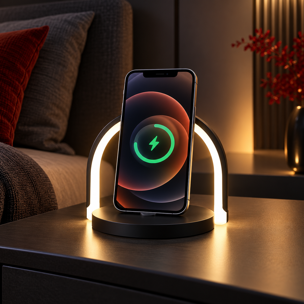 Suport pliabil 3-în-1 cu încărcare wireless și lampă LED