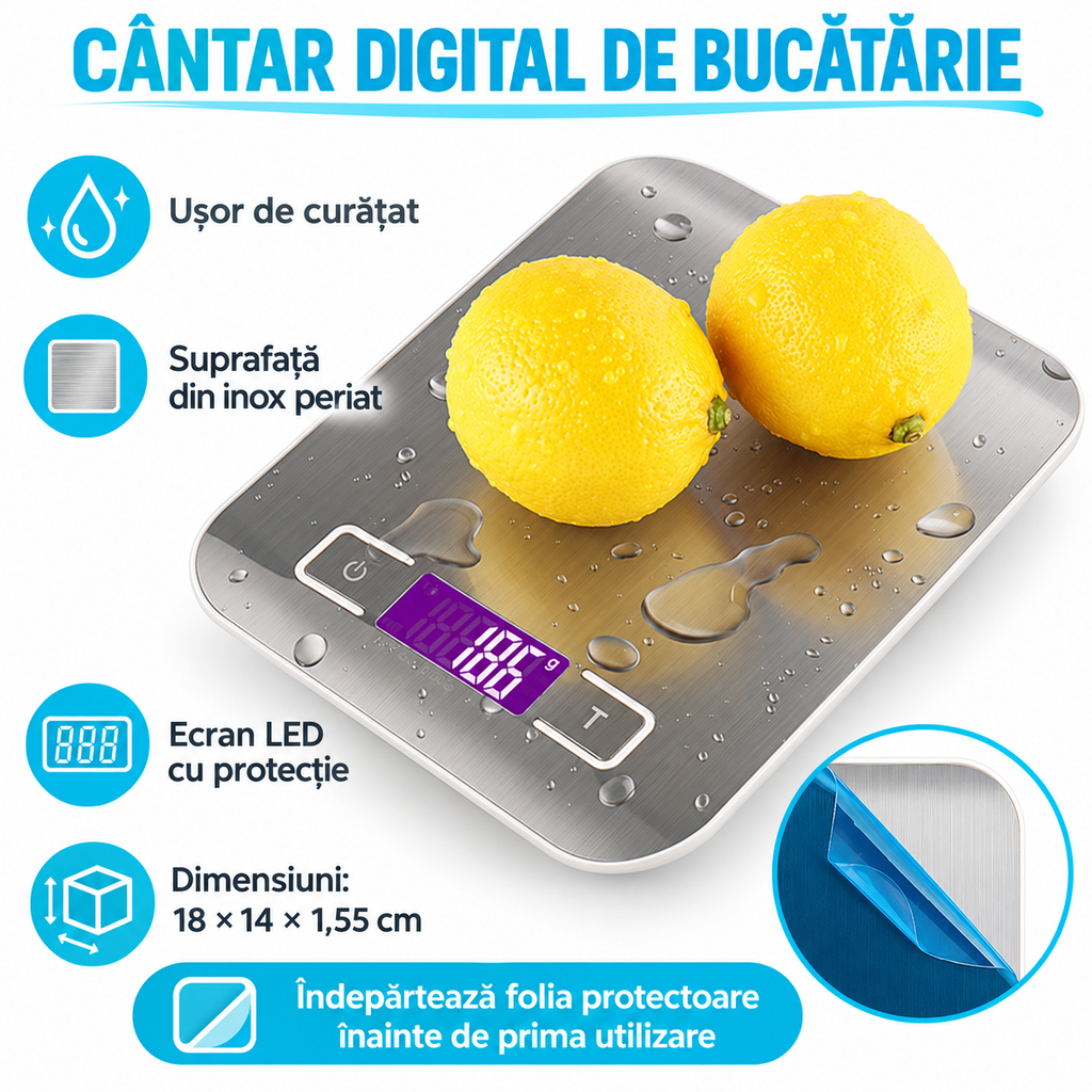Cântar digital de bucătărie din inox, până la 5 kg