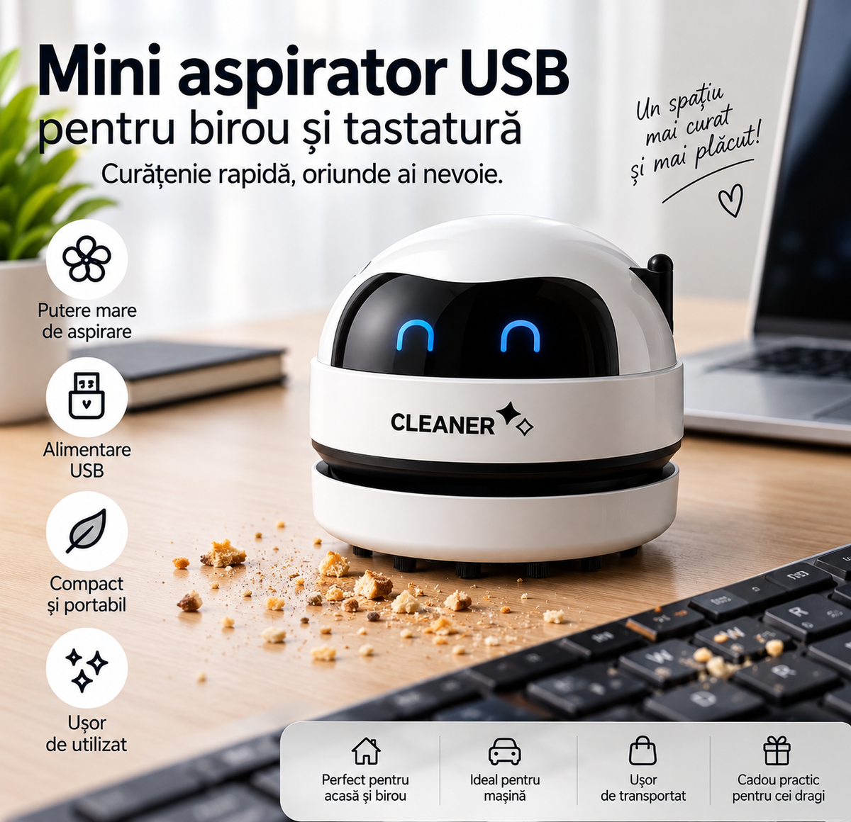 Aspirator Mini USB pentru Birou și Tastatură