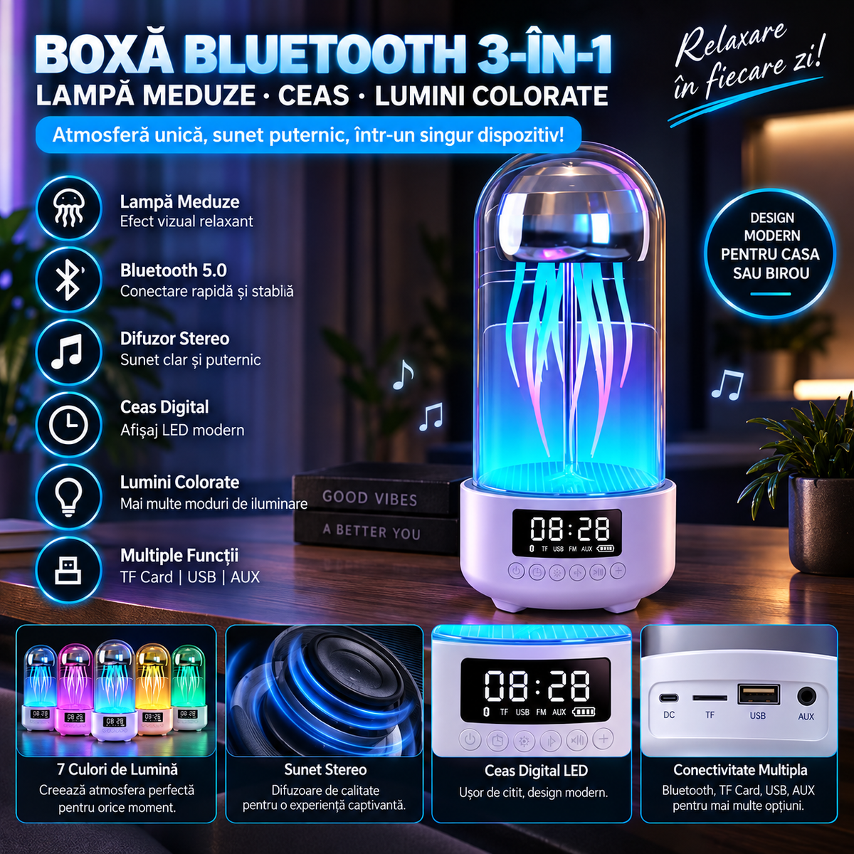 3-in-1 Bluetooth Speaker – Jellyfish Lamp with Clock, Colorful Lights, and Stereo Speaker