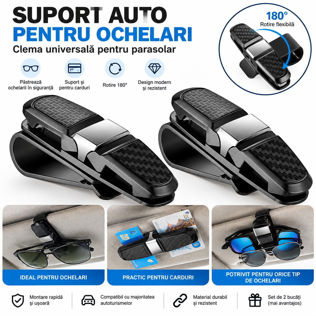 Suport Auto pentru Ochelari – Clemă Universală pentru Parasolar