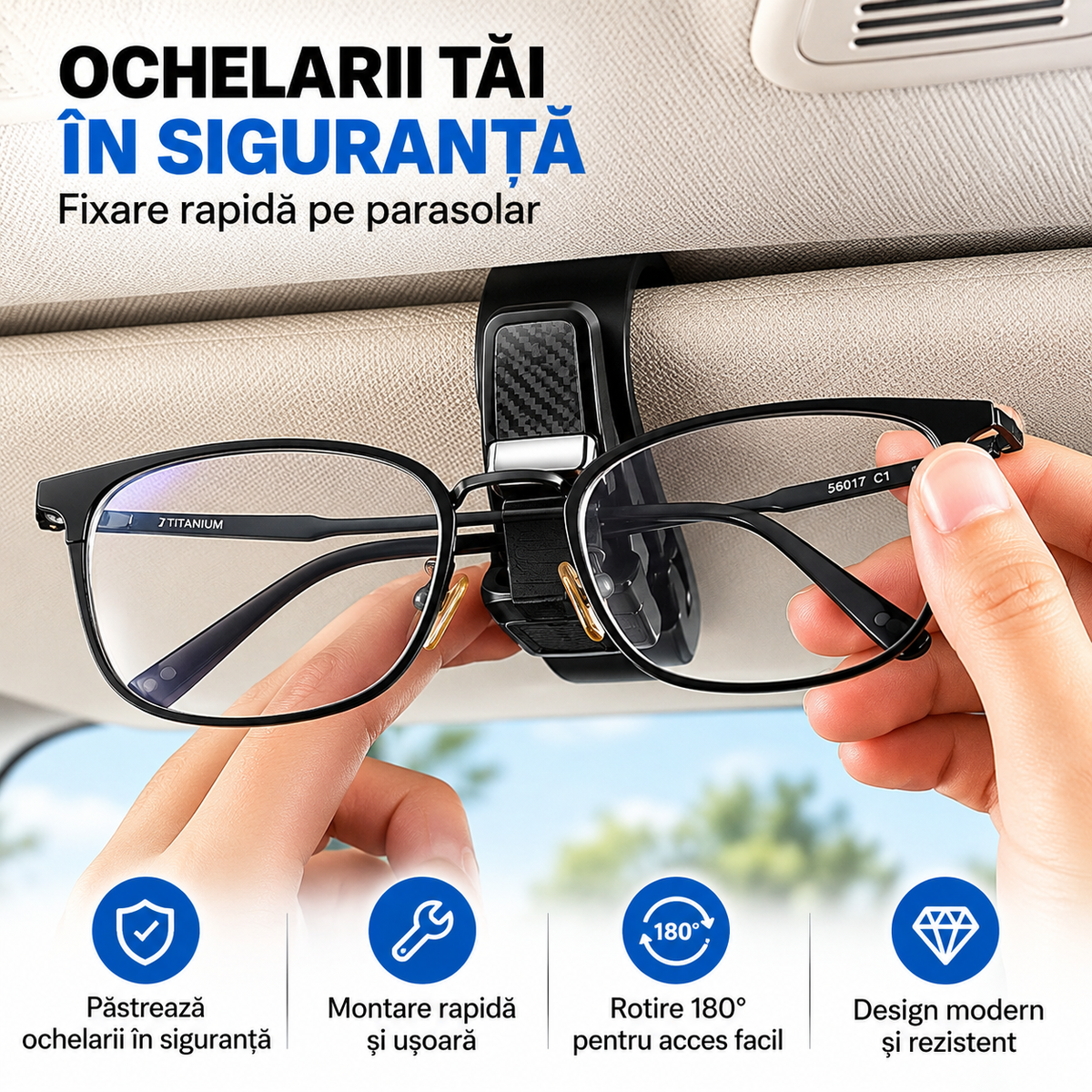 Suport Auto pentru Ochelari – Clemă Universală pentru Parasolar