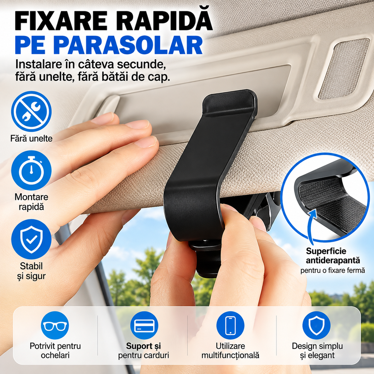 Suport Auto pentru Ochelari – Clemă Universală pentru Parasolar
