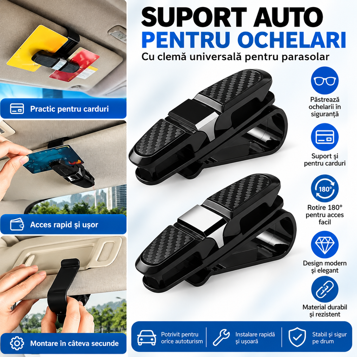 Suport Auto pentru Ochelari – Clemă Universală pentru Parasolar