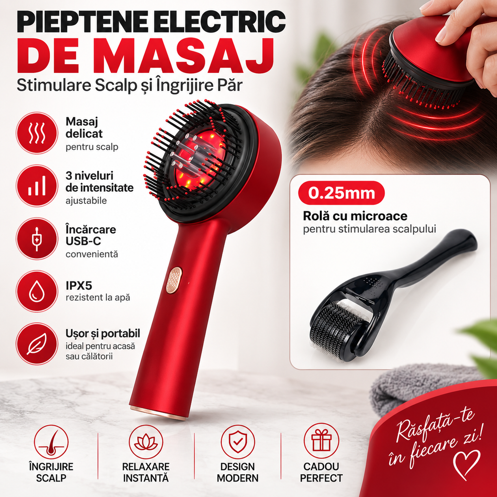Pieptene Electric de Masaj – Stimulare Scalp și Îngrijire Păr