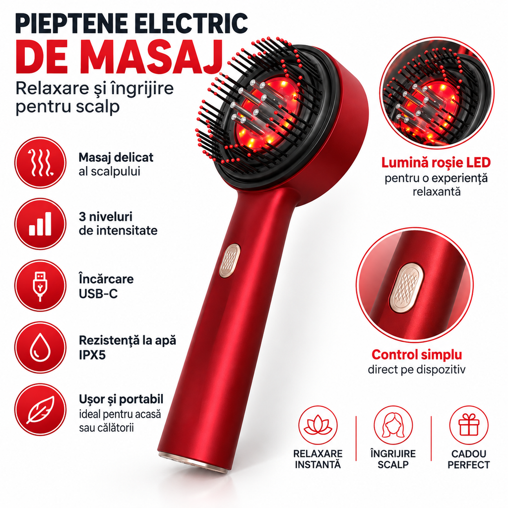 Pieptene Electric de Masaj – Stimulare Scalp și Îngrijire Păr