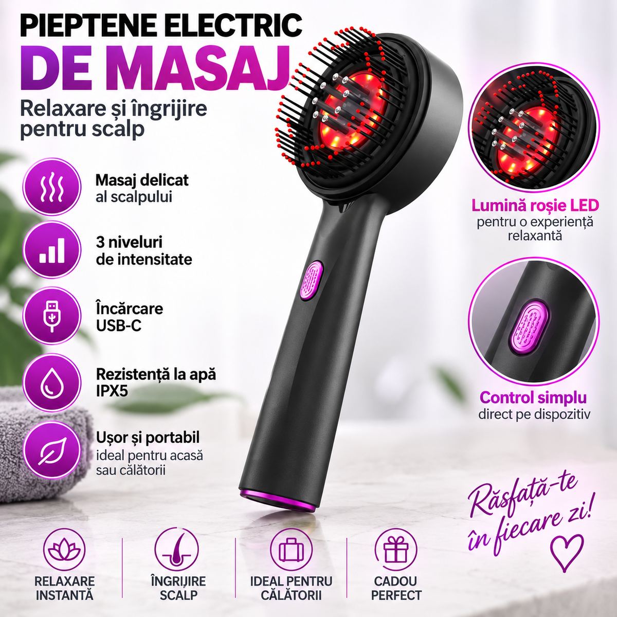 Pieptene Electric de Masaj – Stimulare Scalp și Îngrijire Păr