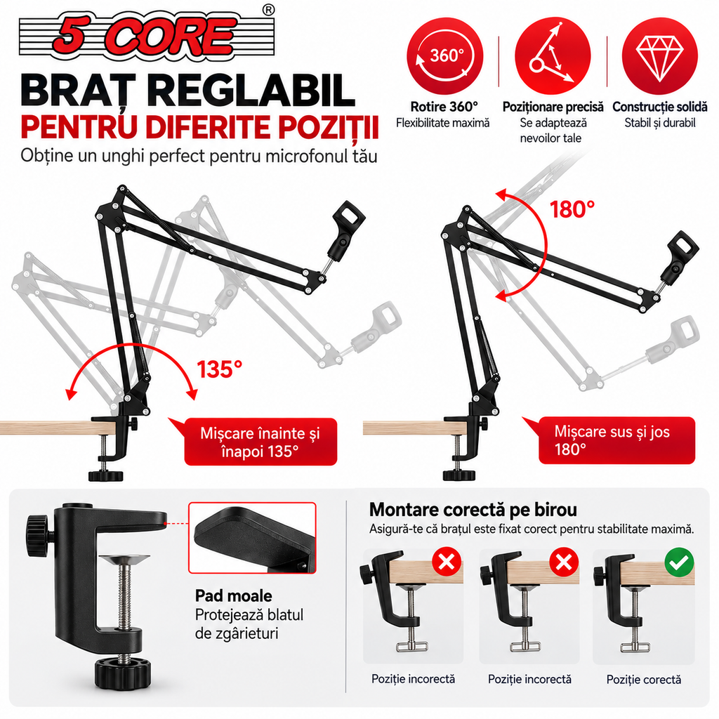 Suport Microfon Boom Arm 5Core – Braț Reglabil pentru Birou, Negru