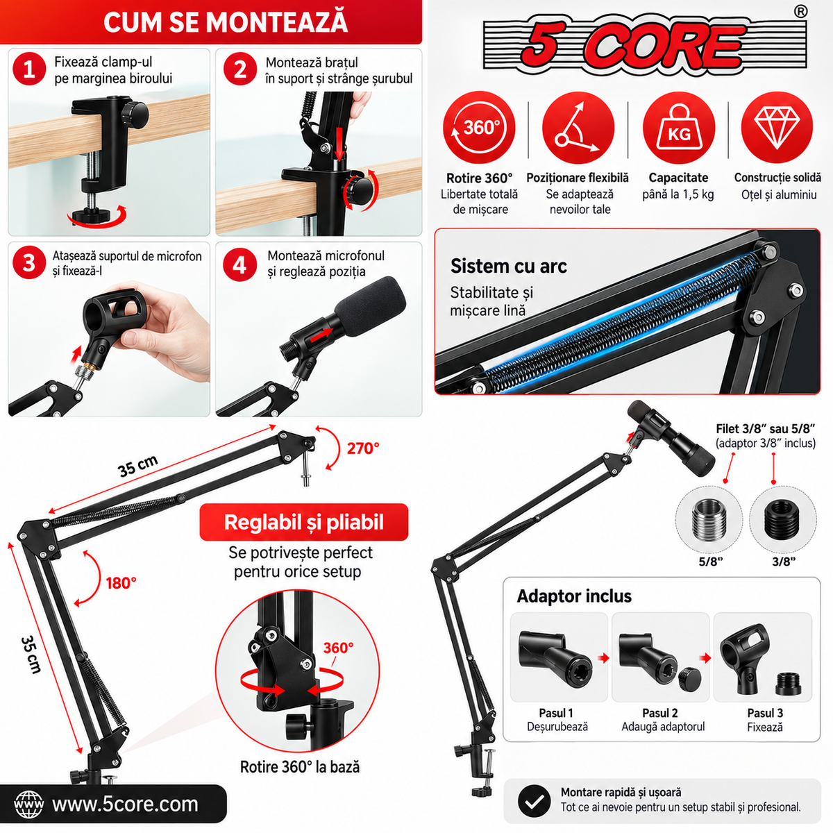 Suport Microfon Boom Arm 5Core – Braț Reglabil pentru Birou, Negru