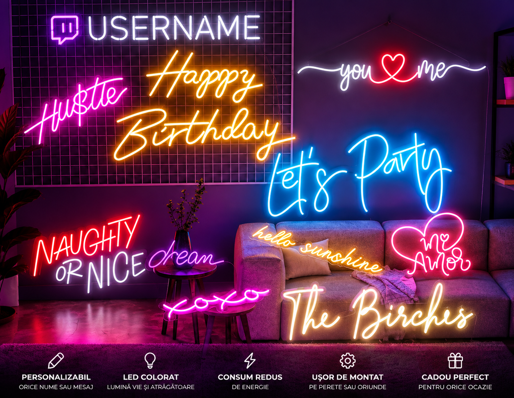 Neon Sign Personalizat cu Nume – Decoratiune LED pentru Dormitor, Birou sau Evenimente