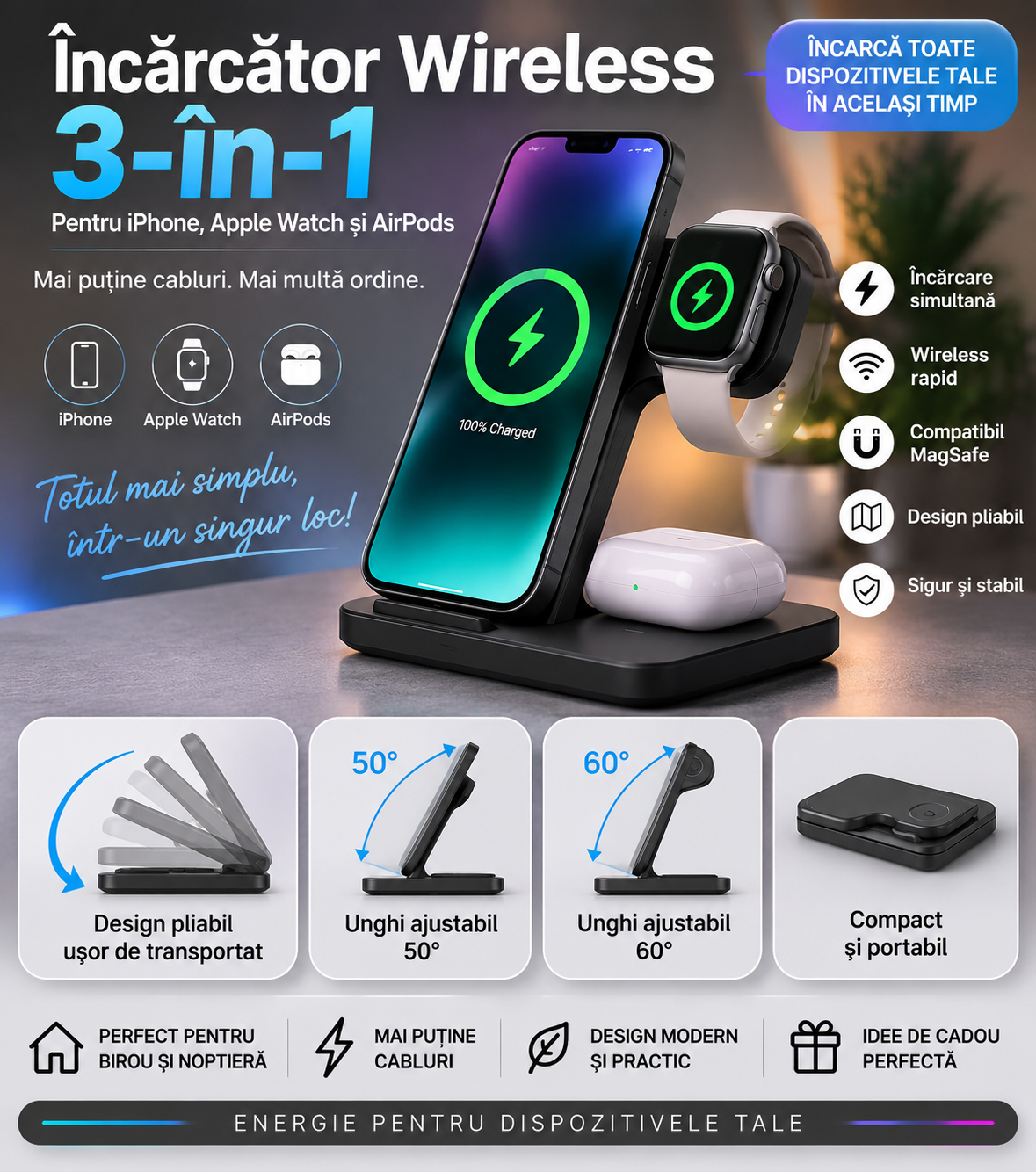 Încărcător Wireless Rapid 3-în-1 – iPhone, Apple Watch și AirPods