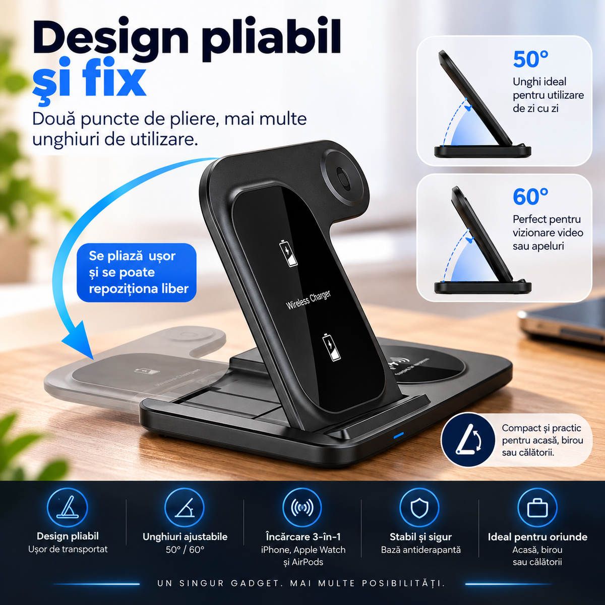 Încărcător Wireless Rapid 3-în-1 – iPhone, Apple Watch și AirPods
