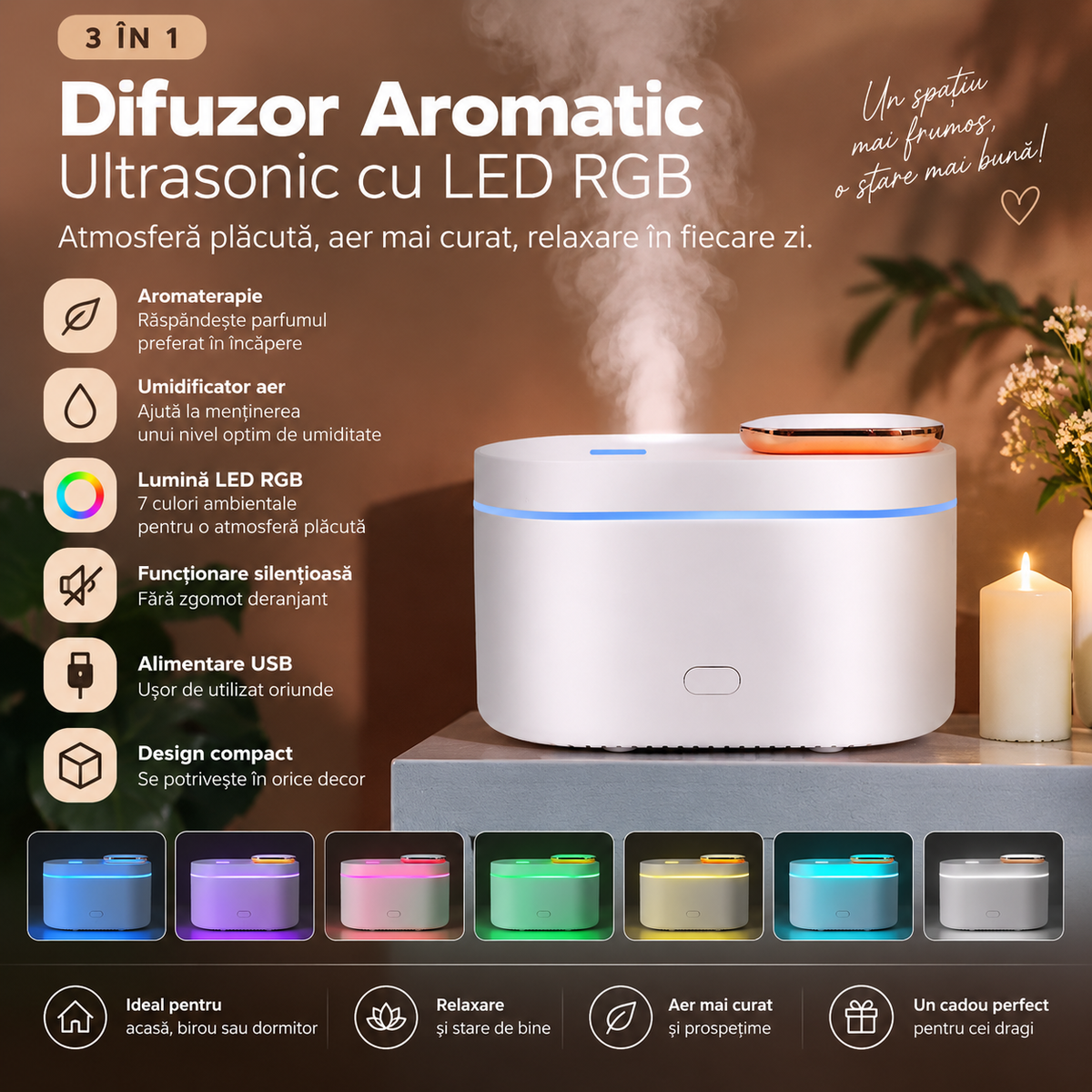 Ultrasonic Aroma Diffuser with RGB LED Light – Humidifier and Scented Speaker