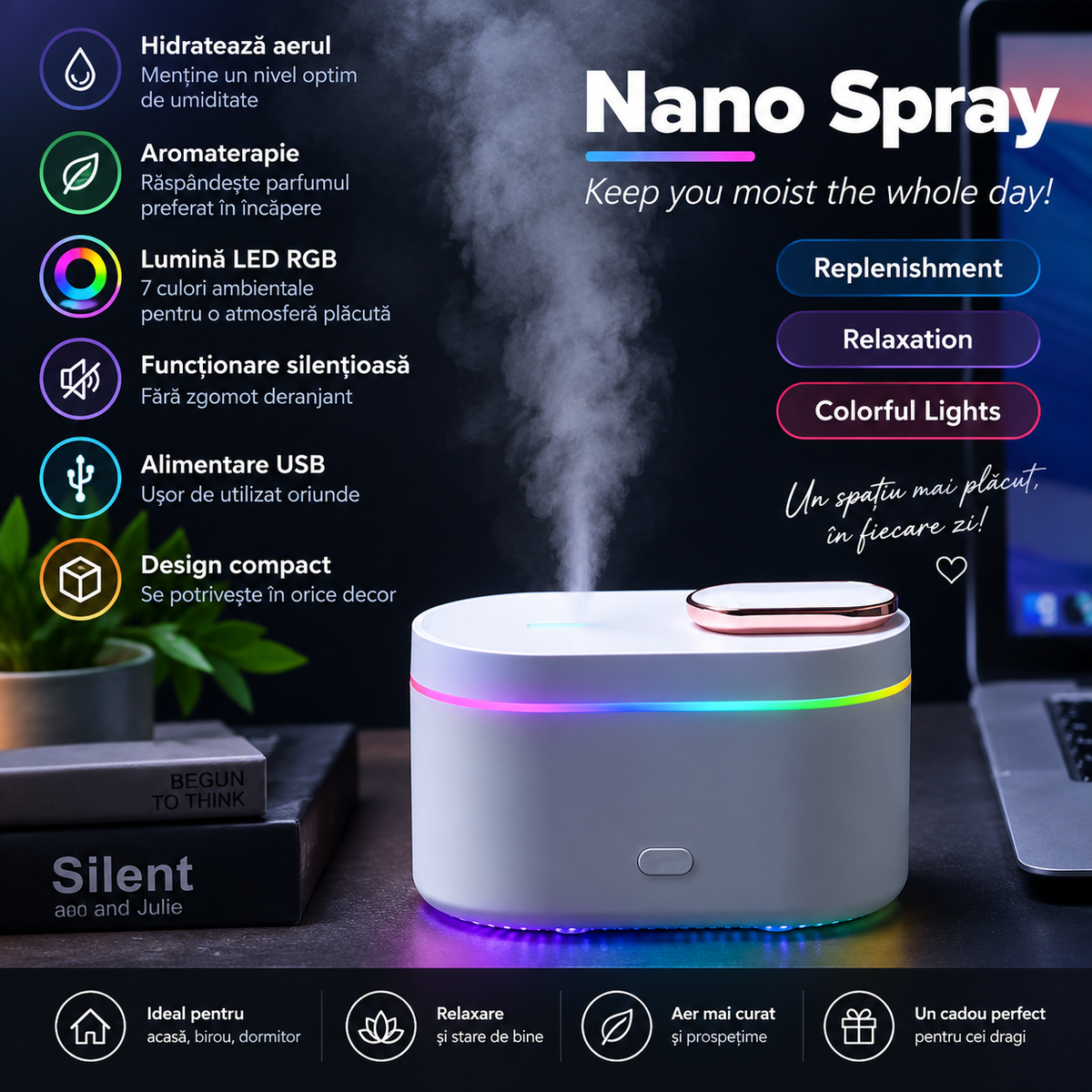 Ultrasonic Aroma Diffuser with RGB LED Light – Humidifier and Scented Speaker