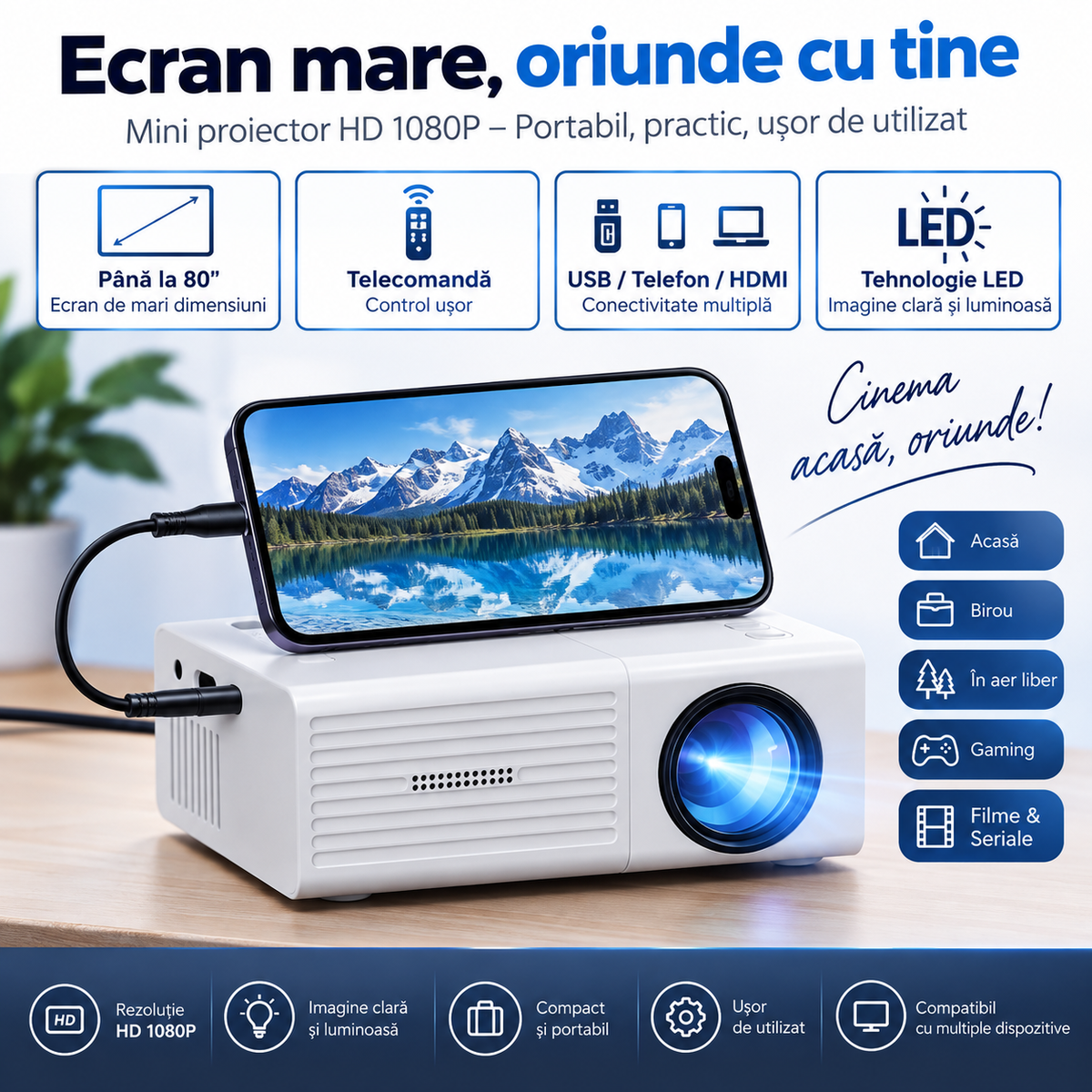 HD 1080P Mini Projector with LED Display – Portable for Home and Outdoor Use
