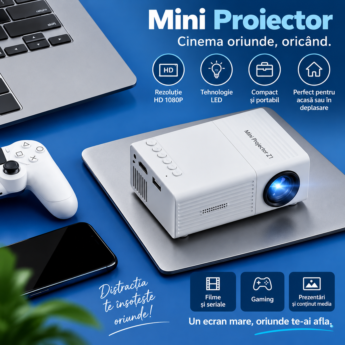 HD 1080P Mini Projector with LED Display – Portable for Home and Outdoor Use