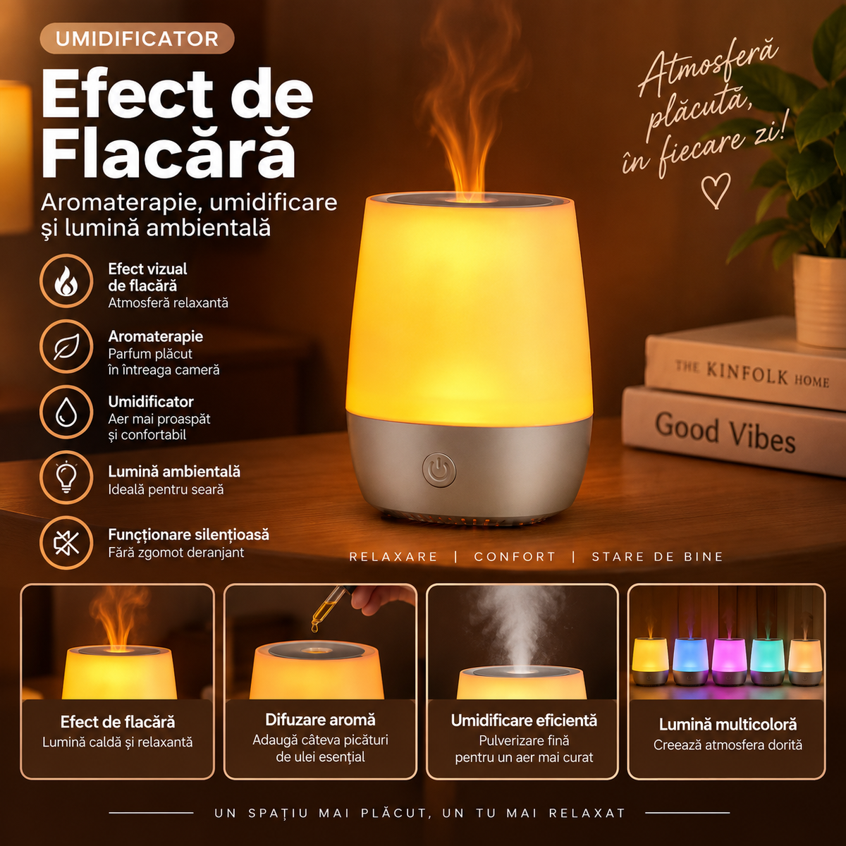 Volcanic Flame Effect Humidifier – Essential Oil Diffuser and USB Night Light