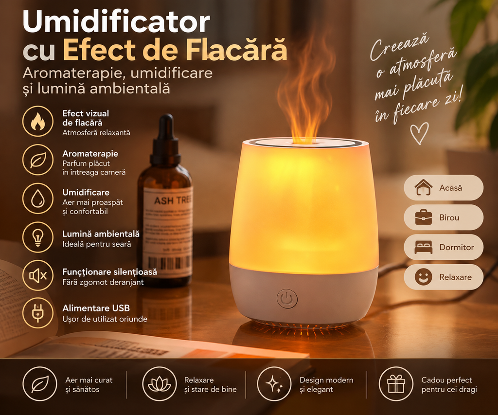 Volcanic Flame Effect Humidifier – Essential Oil Diffuser and USB Night Light