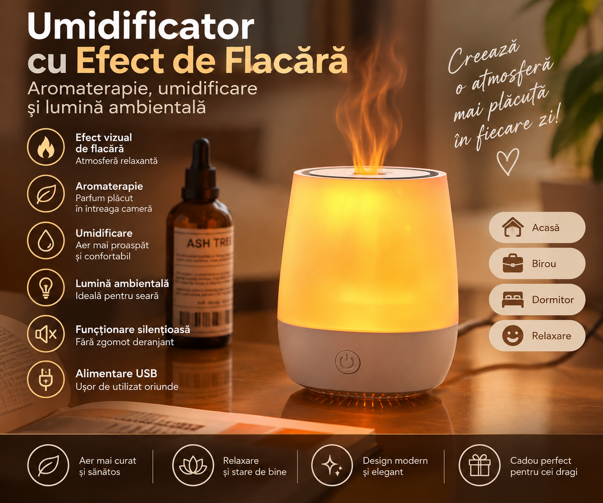 Volcanic Flame Effect Humidifier – Essential Oil Diffuser and USB Night Light