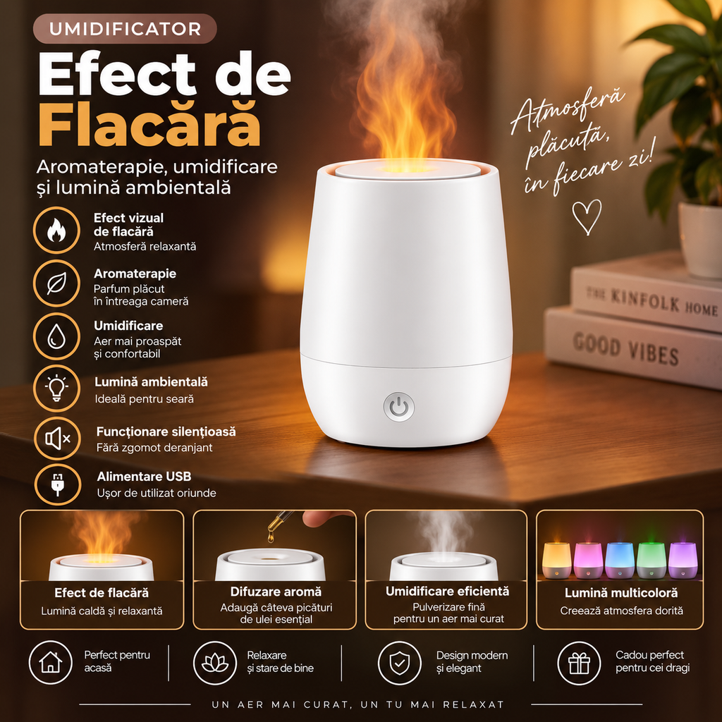 Volcanic Flame Effect Humidifier – Essential Oil Diffuser and USB Night Light