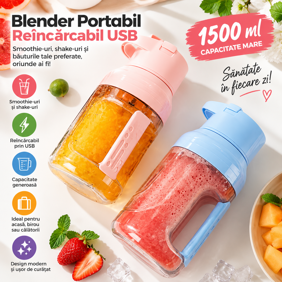 Blender Portabil Reîncărcabil USB – 1500ml, Inox, pentru Smoothie, Shake și Sucuri