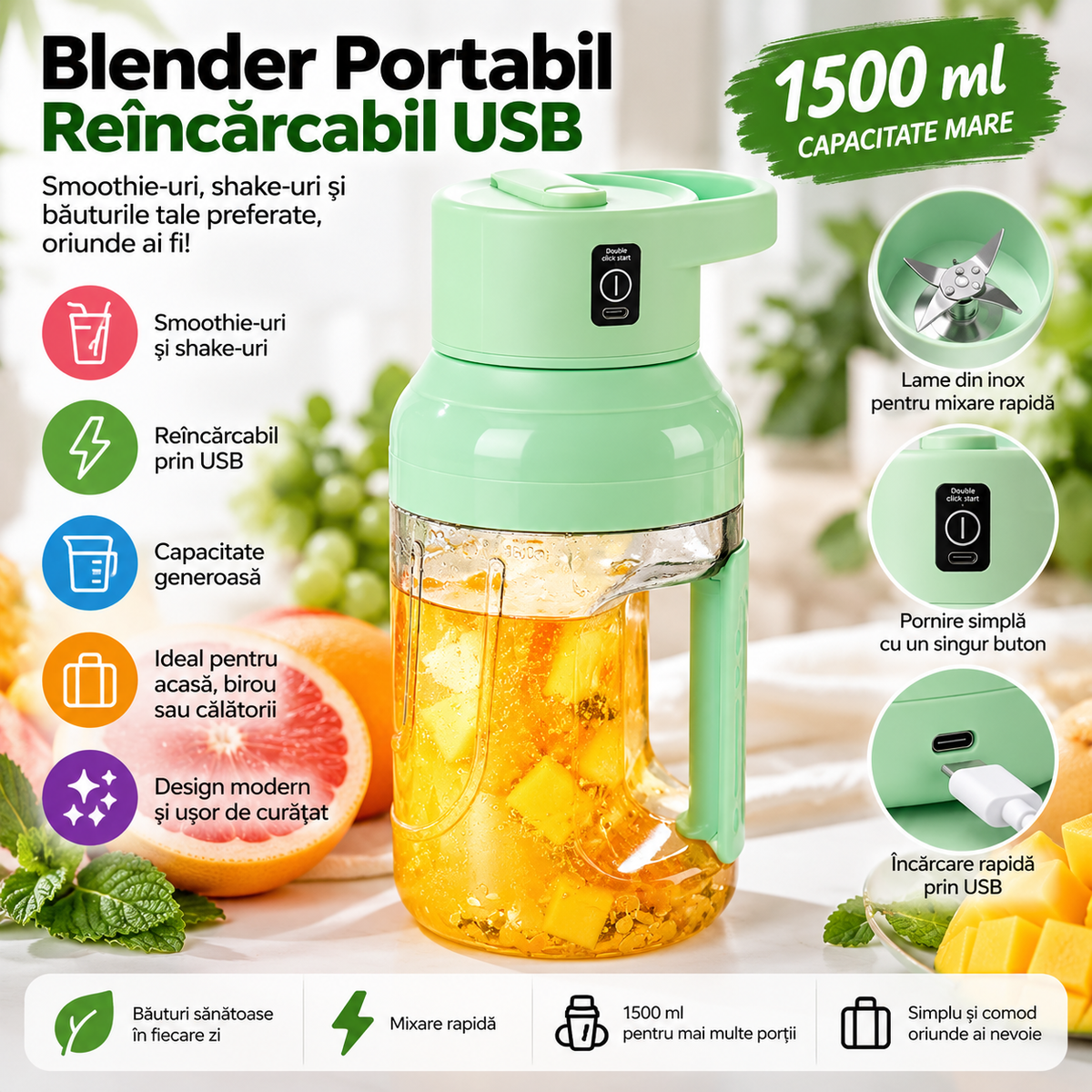 Blender Portabil Reîncărcabil USB – 1500ml, Inox, pentru Smoothie, Shake și Sucuri