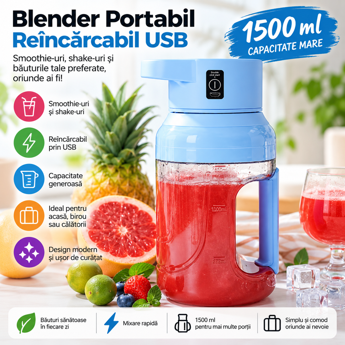 Blender Portabil Reîncărcabil USB – 1500ml, Inox, pentru Smoothie, Shake și Sucuri