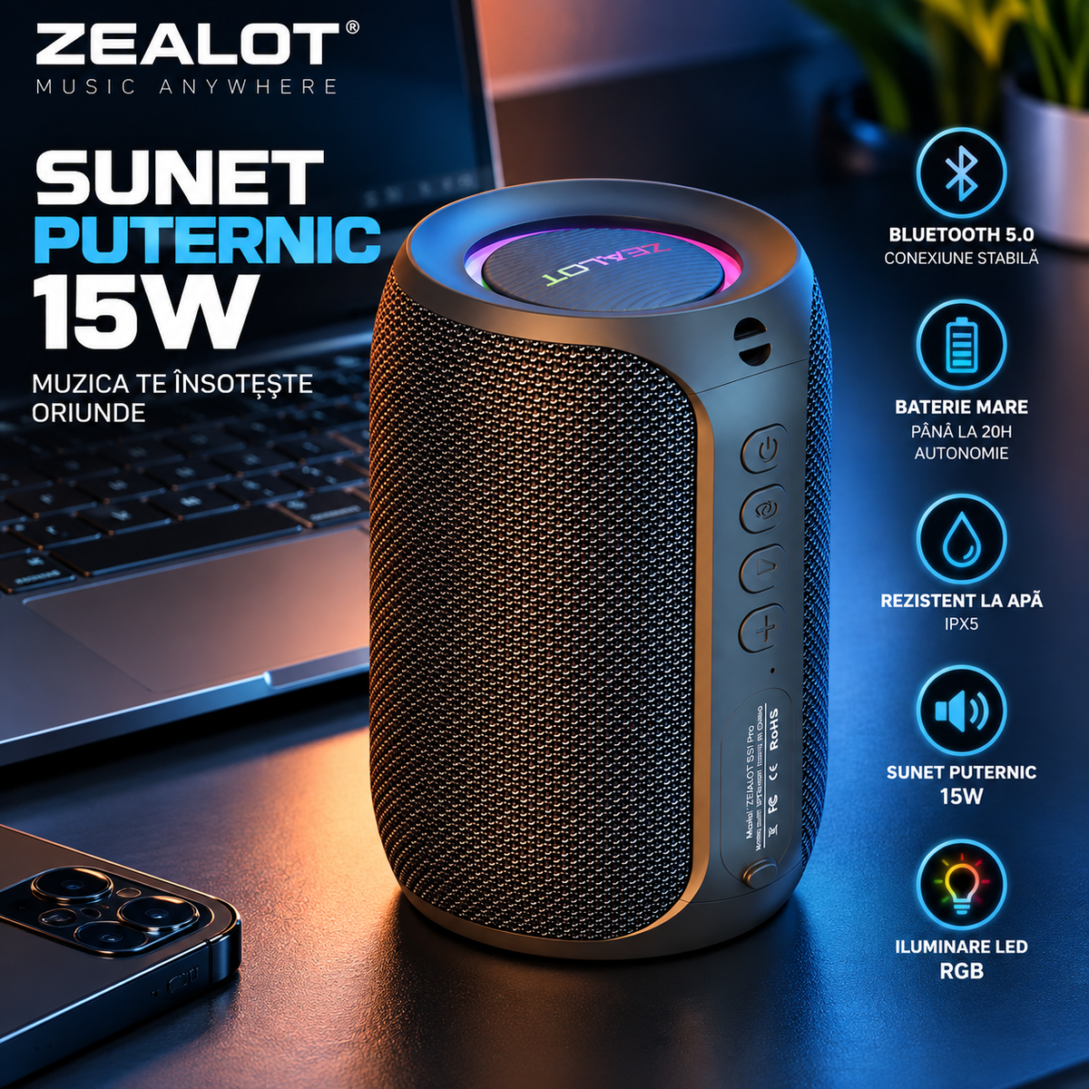 Boxa Bluetooth Portabilă Impermeabilă cu LED – 15W, Bass Puternic