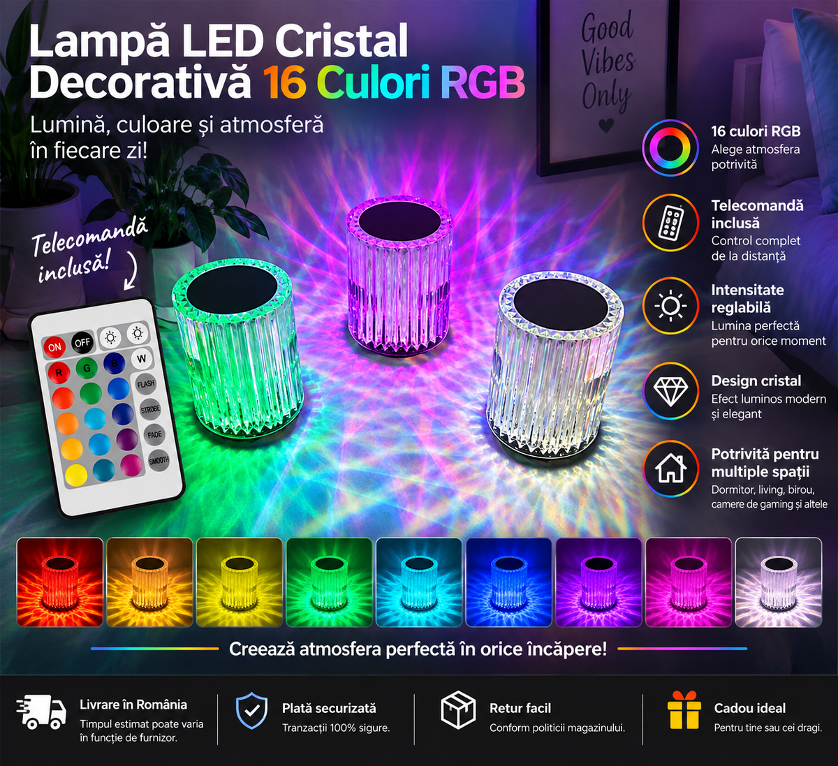 Crystal LED Lamp with 16 RGB Colors and Remote Control