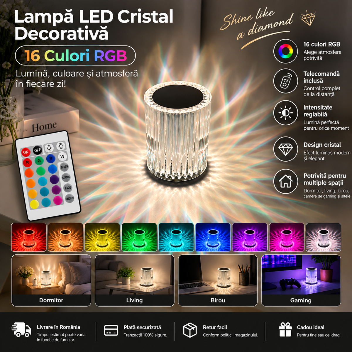 Crystal LED Lamp with 16 RGB Colors and Remote Control