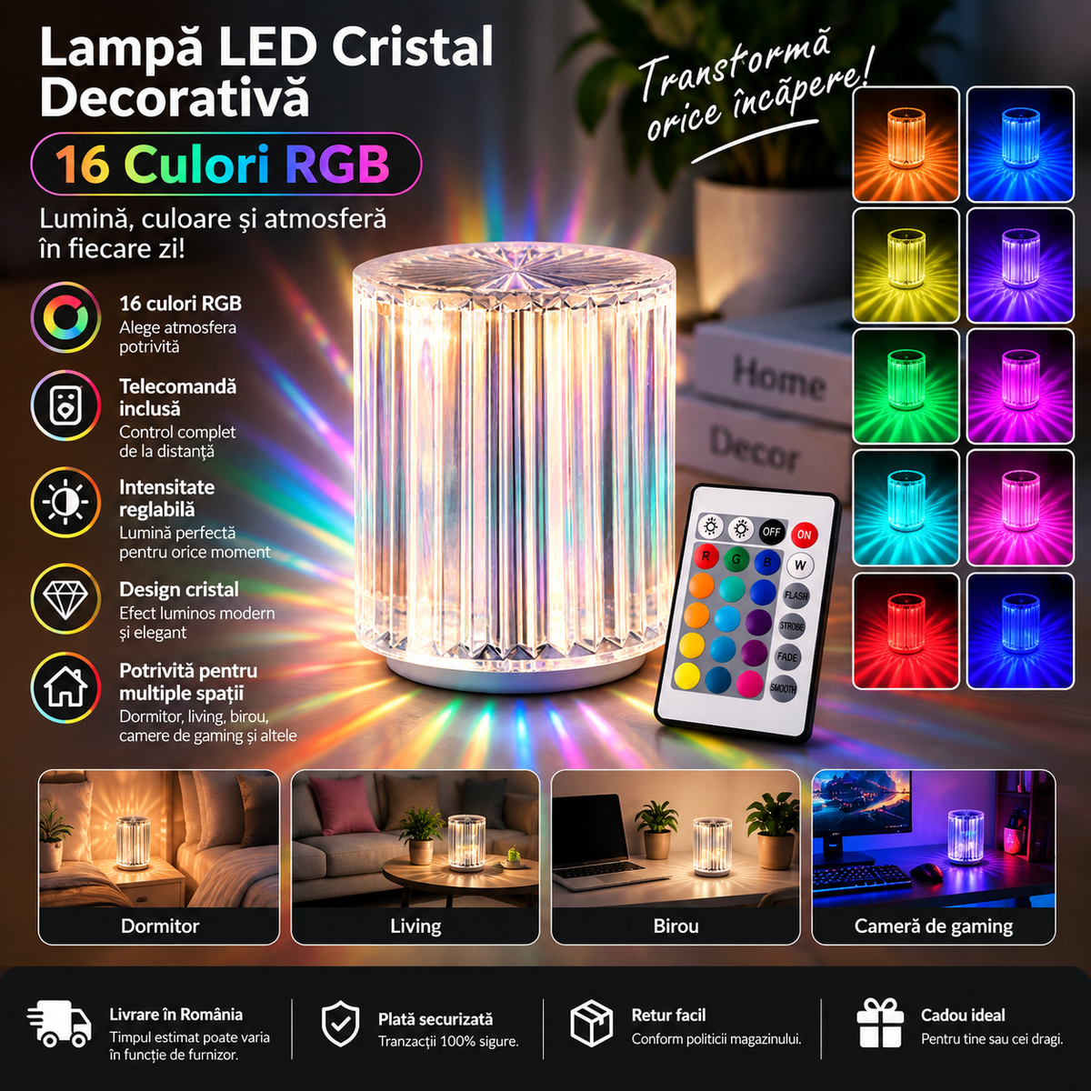 Crystal LED Lamp with 16 RGB Colors and Remote Control