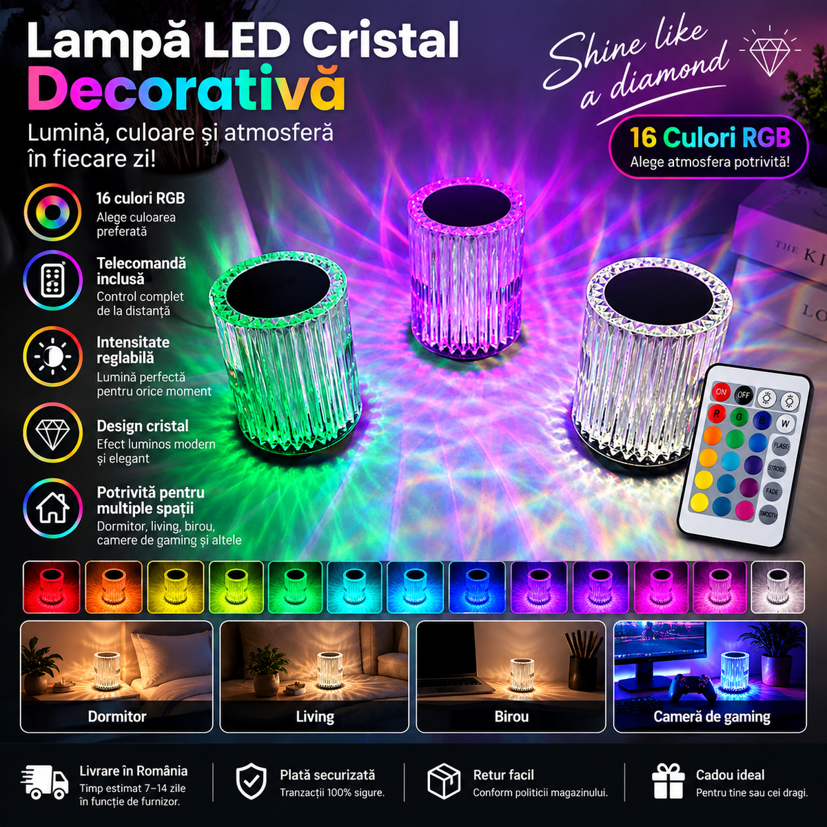 Crystal LED Lamp with 16 RGB Colors and Remote Control