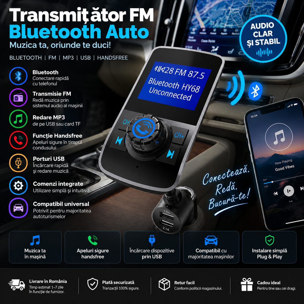 Car Bluetooth FM Transmitter – MP3 Modulator, USB Charger, Handsfree, Universal