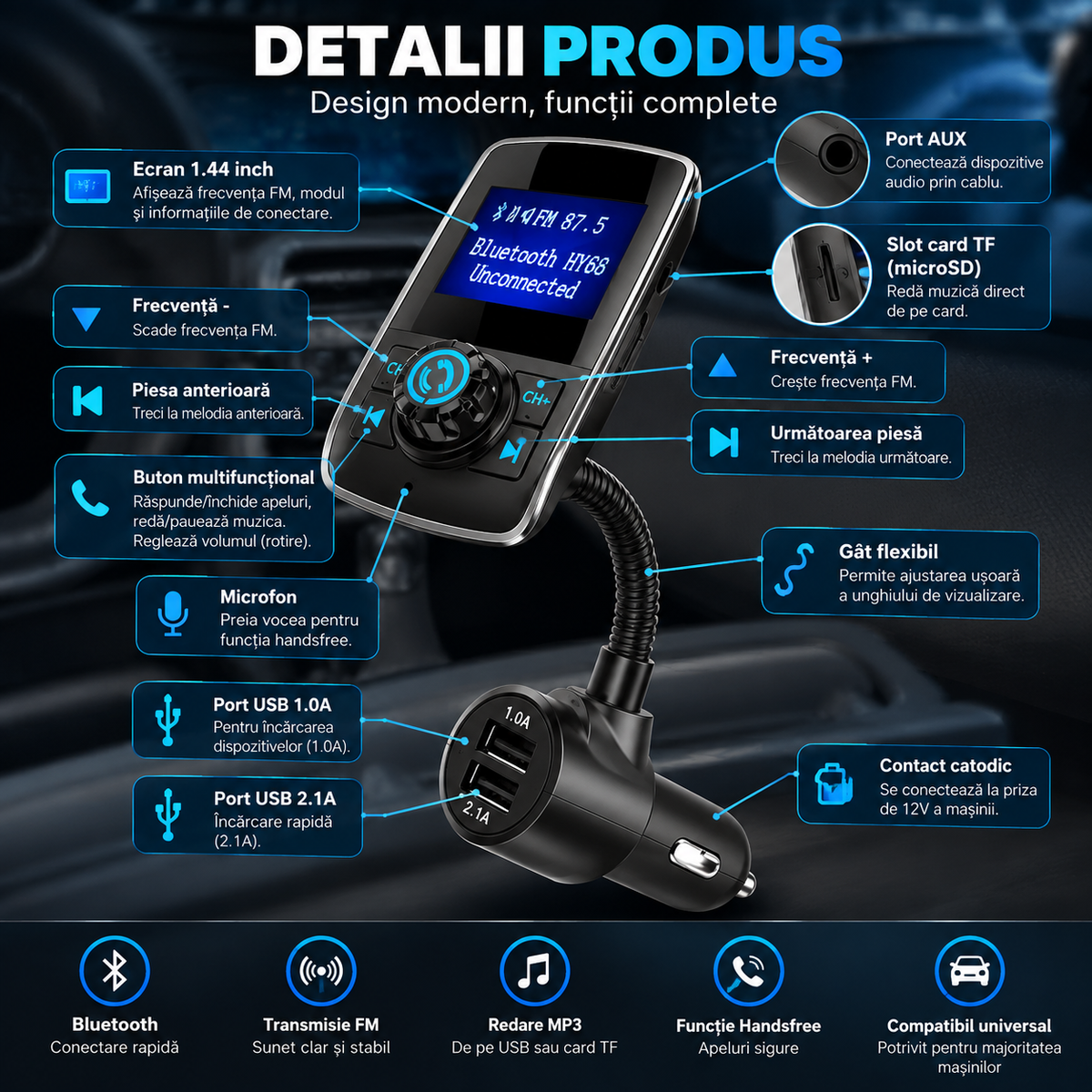Car Bluetooth FM Transmitter – MP3 Modulator, USB Charger, Handsfree, Universal