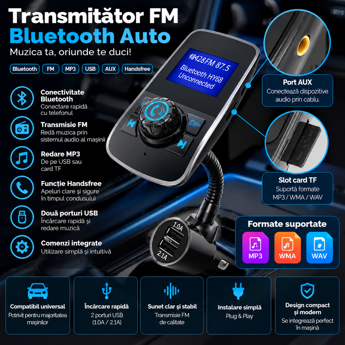 Car Bluetooth FM Transmitter – MP3 Modulator, USB Charger, Handsfree, Universal