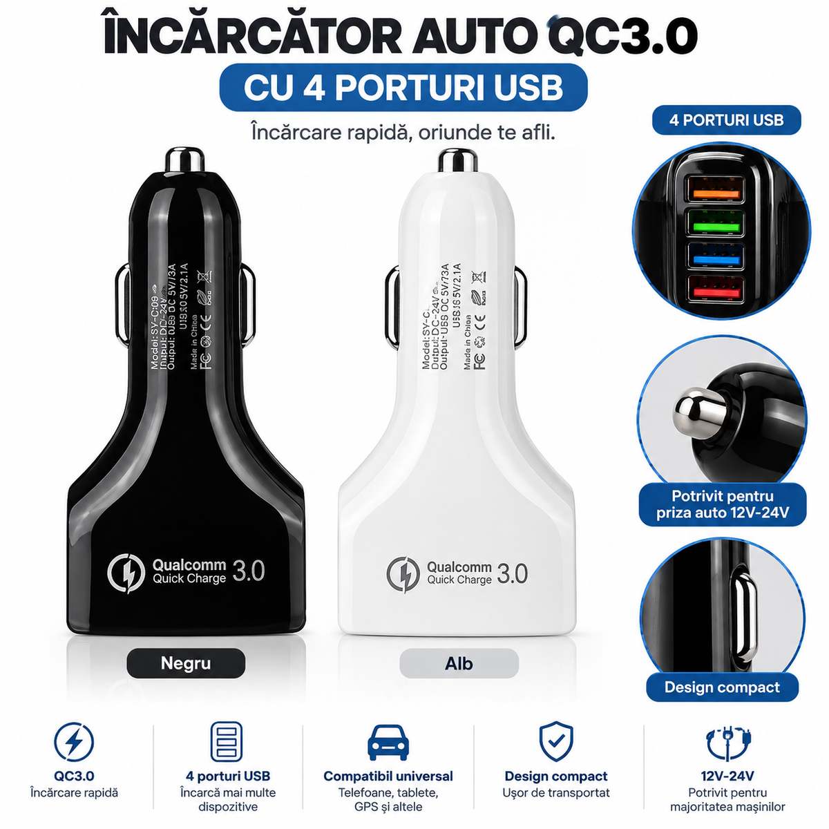 Încărcător Auto QC3.0 cu 4 Porturi USB – Încărcare Rapidă în Mașină