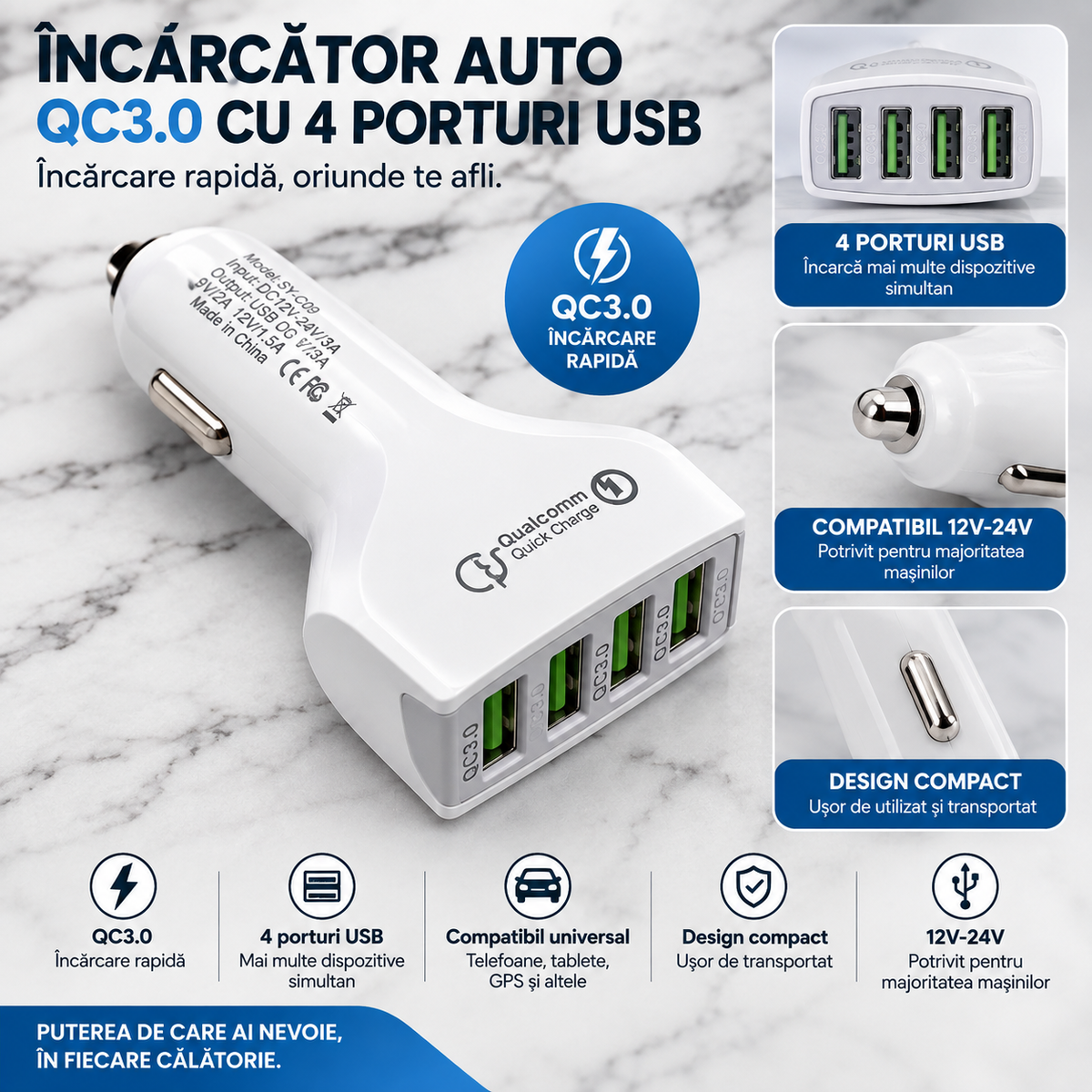Încărcător Auto QC3.0 cu 4 Porturi USB – Încărcare Rapidă în Mașină
