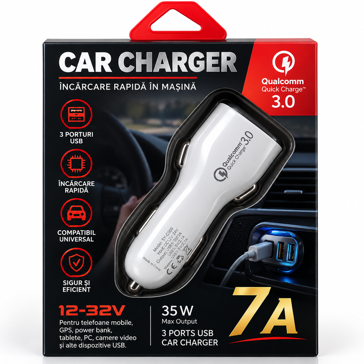 Încărcător Auto QC3.0 cu 4 Porturi USB – Încărcare Rapidă în Mașină