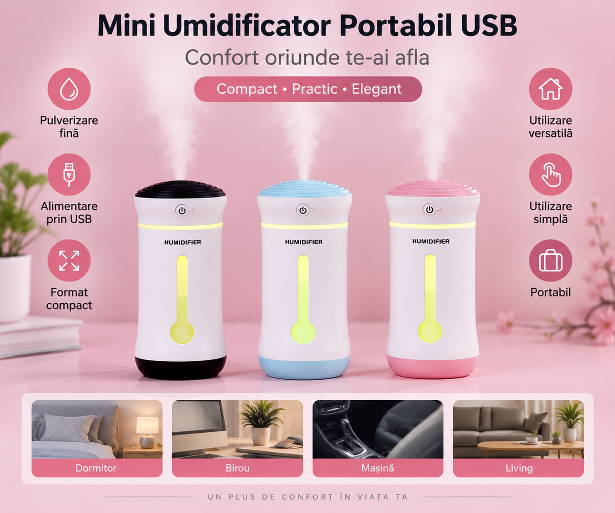 Mini Umidificator Portabil USB – Difuzor de Aromă pentru Cameră și Mașină
