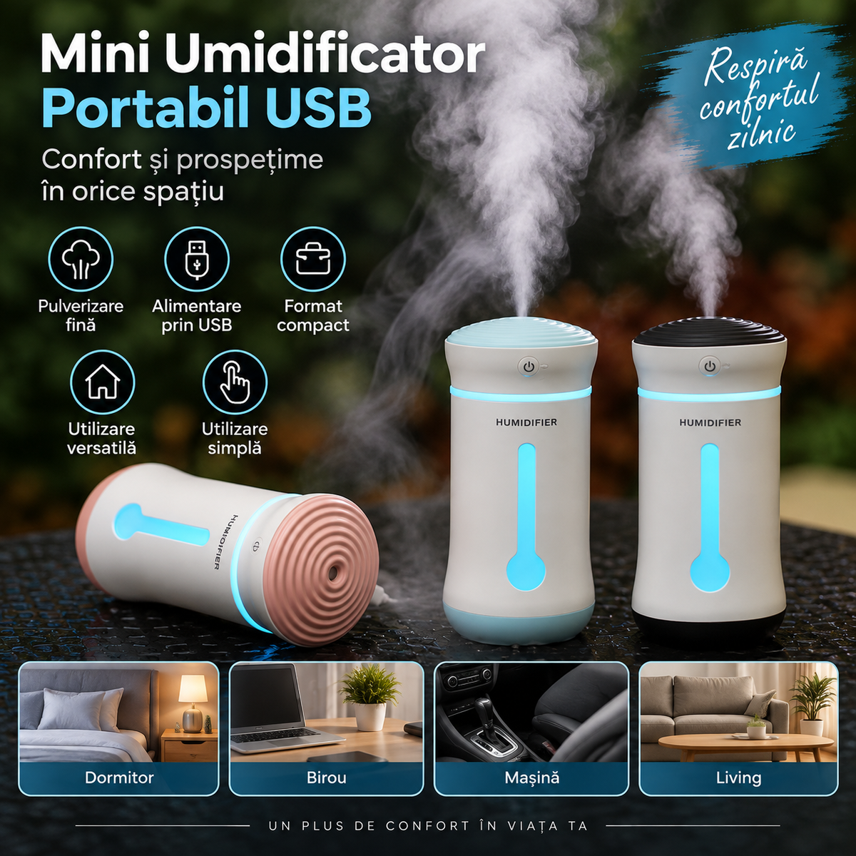 Mini Umidificator Portabil USB – Difuzor de Aromă pentru Cameră și Mașină