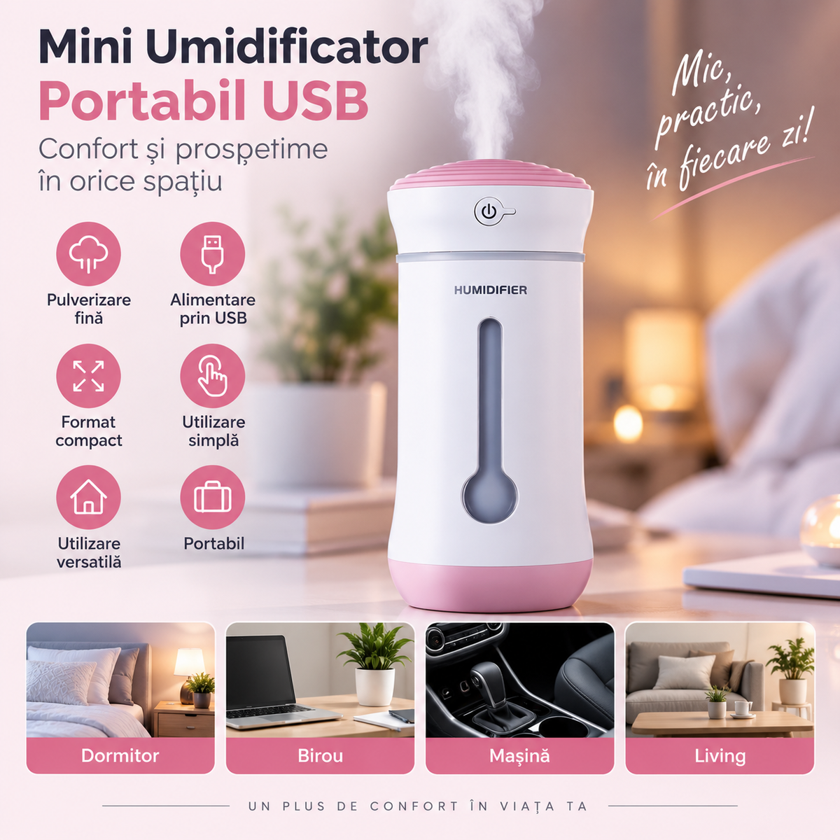 Mini Umidificator Portabil USB – Difuzor de Aromă pentru Cameră și Mașină