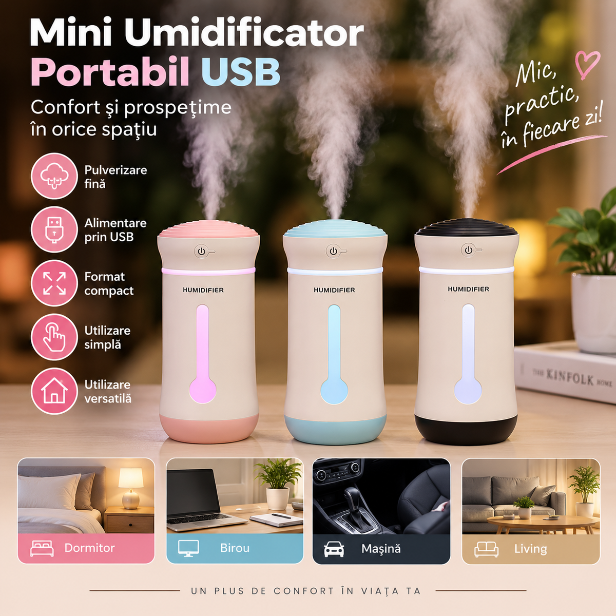 Mini Umidificator Portabil USB – Difuzor de Aromă pentru Cameră și Mașină